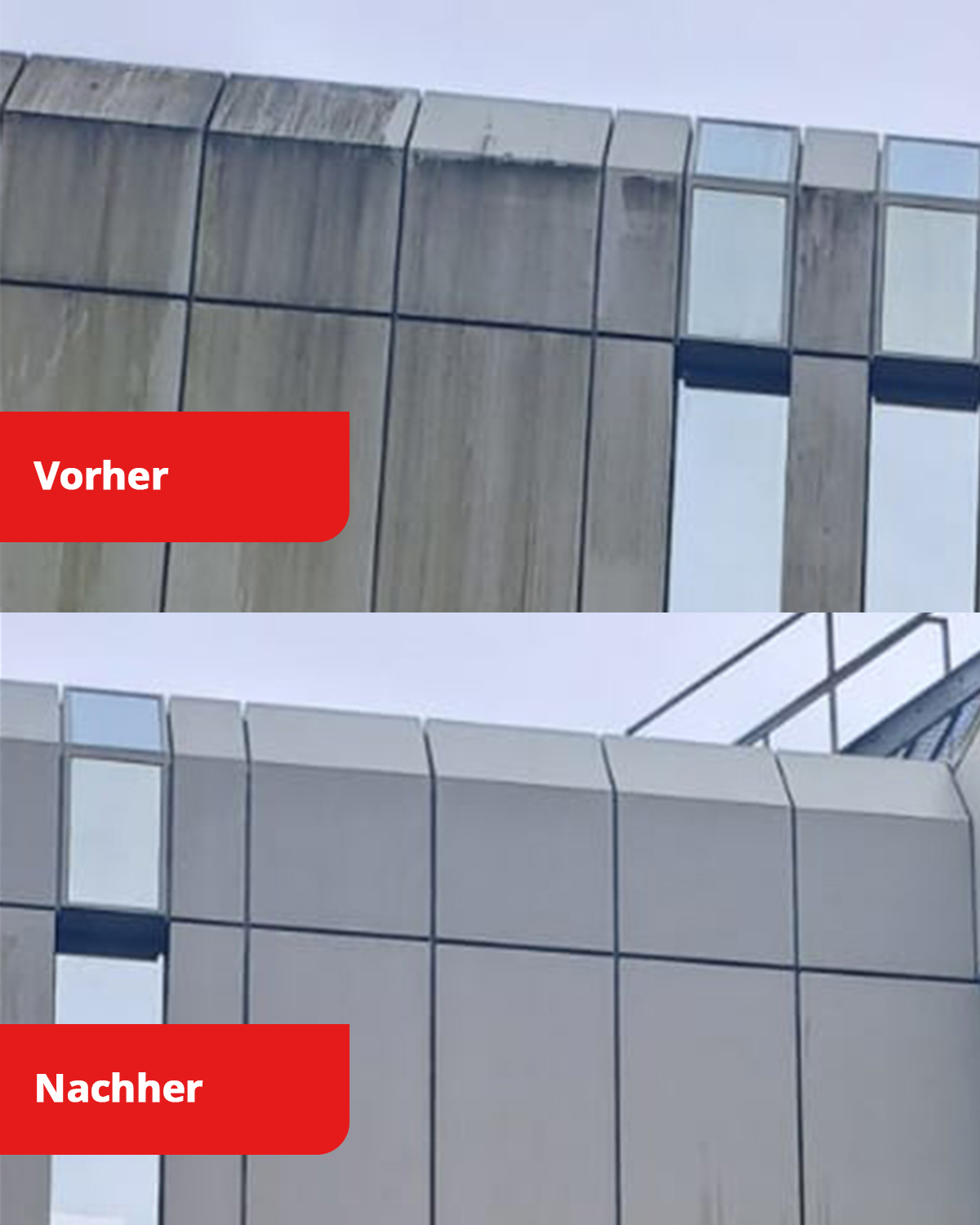 Vorher-Nachher-Vergleich einer Fassadenreinigung von rohe