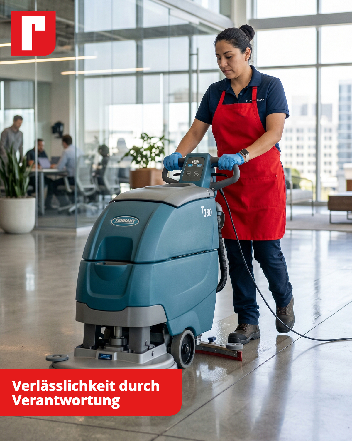 Eine Frau in einer roten Schürze der rohe GmbH putzt mit einer Reinigungsmaschine den Fußboden eines Büros Eine Frau in einer roten Schürze der rohe GmbH putzt mit einer Reinigungsmaschine den Fußboden eines Büros