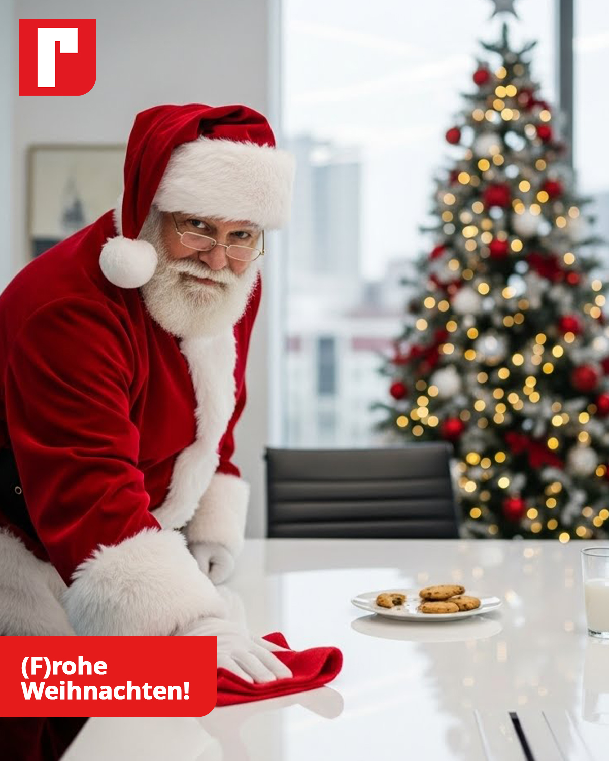 Der Weihnachtsmann wischt einen Tisch ab, im Hintergrund unscharf ein Tannenbaum mit weißen und roten Kugeln.